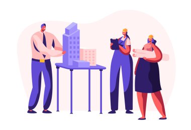 Mimar mühendis ofis binası projesi oluşturun. İnşaat planı projelendirme kask içinde işçisi kadın. Ev geliştirme çalışma Oluşturucu'yu. Ev tasarım mühendislik. Düz çizgi film vektör çizim