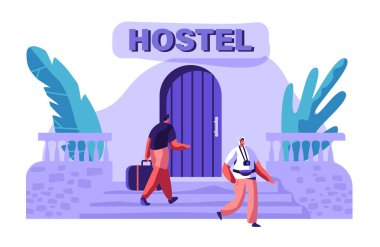 Adam karakter çanta ile Hostel bina varmak. Uluslararası seyahat kavramı. Turist kamera dışında yürüme. İnsanlar rezervasyon Hotel Holiday düz çizgi film vektör çizim için