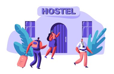 Genç çift aşk kira ekonomi dairede. Erkek ve kadın karakter Hostel bina bir çanta için geliyor. Uluslararası seyahat kavramı. İnsanlar rezervasyon Hotel Holiday düz çizgi film vektör çizim için
