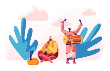 Hint müzisyen oynarken davul Dhol ve Asyalı festivalinde flüt. Adam sepette Kobra yılanı hipnotize. Asya müzik aleti konser. Egzotik Festival gösteri. Düz çizgi film vektör çizim