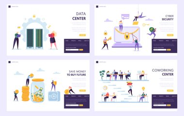 Açılış sayfası kümesini geleceği satın almak için para kaydedin. Veri Merkezi ve siber güvenlik özel bilgilerini koruyan. İş Web sitesi veya Web sayfası için coworking Merkezi alternatif yer. Düz çizgi film vektör çizim