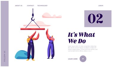 Açılış sayfası Oluşturucusu adam bina inşaat kullan mimari. Vinç kaldırma ile çalışan yapı. Mühendis yapı nesnesi üniformalı ve kask. Web sitesi veya Web sayfası. Düz çizgi film vektör çizim