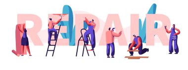 Karakter düzeltme ev, ofis ya da salonu afiş. Tanılama ve onarma sorunun içinde bir ev. Duvar kağıdı ahşaba yapıştıran bir ürüne ve duvar boyar. Bir şey geri yükleme kontaktör. Düz çizgi film vektör çizim