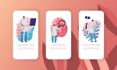 Nörolojik muayene kavram mobil App sayfa Onboard ekran kurulum. Sağlık teknolojisi. Nörolog doktor tomografi sonucu Web sitesi veya Web sayfası keşfetmek. Düz çizgi film vektör çizim