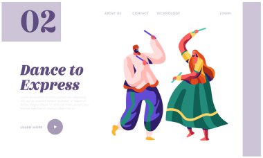 Ulusal töreni açılış sayfasında dans dansçı kadın. Asya dans performansı Hint Festivali. Geleneksel giyim Web sitesi veya Web sayfasındaki adam en iyi oyuncusu. Düz çizgi film vektör çizim