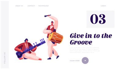 İskambil açılış sayfası konserinde klasik müzik aleti Dhol ve Sitar Hint müzisyen. Sanatçı oyun enstrümantal müzikal gösteri Web sitesinde davul veya Web sayfası. Düz çizgi film vektör çizim