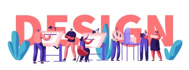 Tasarım afiş mühendislik. Karakter Professional icat, analiz etmek ve ev ve iş merkezi veya Dükkanı kurmak. Bina geliştirmek planlamak ve yapmak düzeni. Düz çizgi film vektör çizim