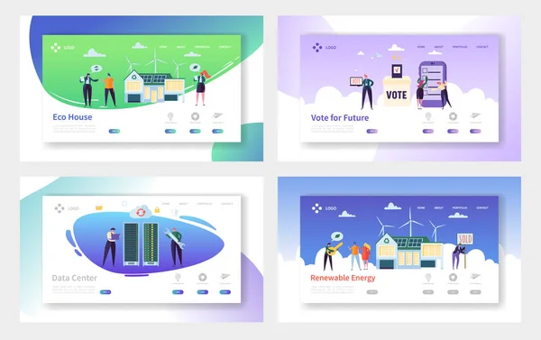 Eco House Conjunto de página de aterragem de energia renovável. Vote no Futuro e Construa Casa a partir de Material e Tecnologia que Reduza seu Site ou Página da Web Carbon Footrprint. Desenhos animados plano Vector Ilustração — Vetor de Stock