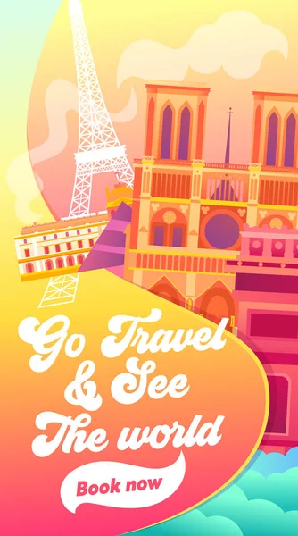 旅行に行くし、世界のタイポグラフィのバナーを参照してください。フランスの首都をご覧ください。パリには視力のようなブルックリンのエッフェル塔、ノートルダム寺院、ルーブル美術館とエアポートバス。フラット漫画のベクトル図 — ストックベクタ