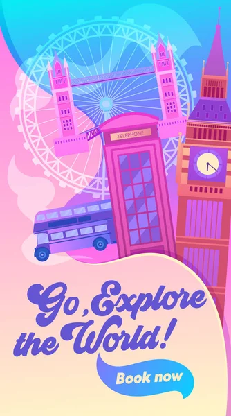 Londra Cityscape ünlü bina renkli görüntü ile. Dünya seyahat kavramı afiş. Kırmızı otobüs, Big Ben, telefon kulübesi, Tower Bridge İngiltere'de sembolü. Düz çizgi film vektör çizim — Stok Vektör