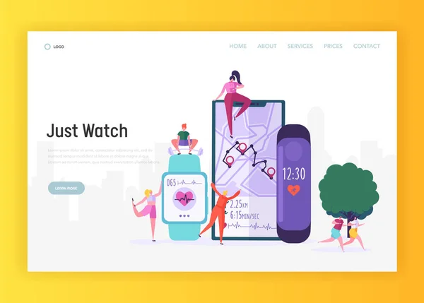 Smartwatch moderno per Sportsman Landing Page. Sport Watch Includi Activity Fitness Tracker per monitorare il tempo sul giro, la frequenza cardiaca e il tracciamento del percorso Sito Web o pagina Web. Illustrazione del vettore del fumetto piatto — Vettoriale Stock