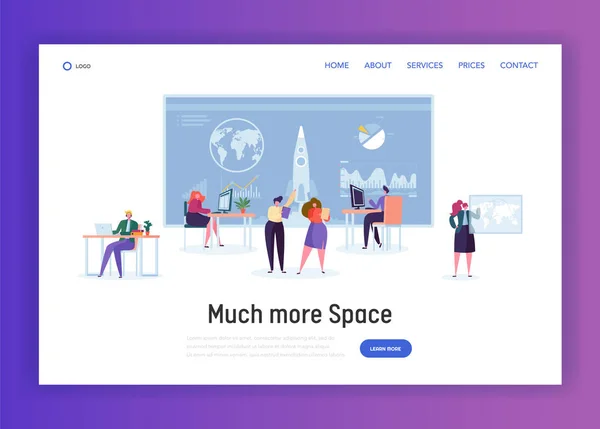 Страница посадки в офисе космического управления. Героическая работа по аэронавтике и аэрокосмическим исследованиям. Инженер конструктор ракеты для посещения орбиты сайта или веб-страницы. Плоский вектор — стоковый вектор