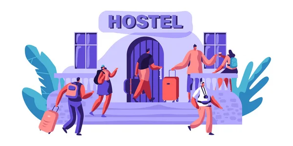 Külső Hostel a turista. Érkezés a karakter a város látogatás. Olcsó hely, nappali vagy egy éjszakai. Alternatív haza néhány napra. Relaxációs szoba. Lapos rajzfilm vektoros illusztráció — Stock Vector