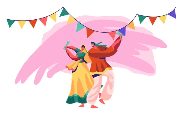 Indiase danseres uitvoeren op nationale Festival. Man en vrouw in klederdracht in exotische India dans. Young Lady in Sari dansen op Aziatische Toon ceremonie. Platte Cartoon vectorillustratie — Stockvector