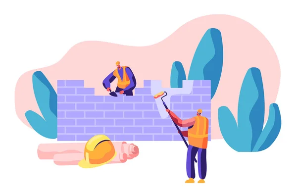 Constructeur professionnel en uniforme dans la construction de processus Brick Wall. Travailleur Mason avec Spatule Build Brickwork House. Personne tenir le rouleau de peinture dans la main. Illustration vectorielle de dessin animé plat — Image vectorielle