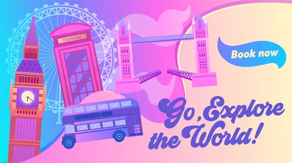 Explore the World Typography Banner. Visit Capital of United Kingdom. City has Sight Like Bridge, Elizabeth Tower with Big Ben, Underground and London Eye. Flat Cartoon Vector Illustration — Stock Vector