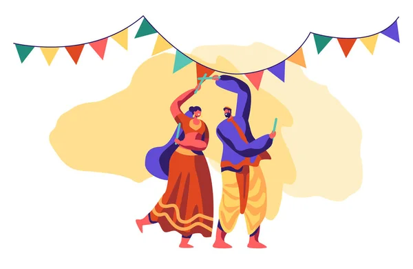 Aziatische dans op nationale Festival in India. Traditionele dansen Toon. Mensen danser Folk choreografie aan ceremoniële prestaties uitvoeren. Etnische feestelijke kleding platte Cartoon vectorillustratie — Stockvector