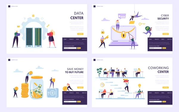 Megment pénz-hoz vesz a jövő leszállás oldal sor. Data Center és a Cyber Security védi a személyes adatokat. Coworking Center alternatív hely munka Website vagy pókháló oldal. Lapos rajzfilm vektoros illusztráció — Stock Vector