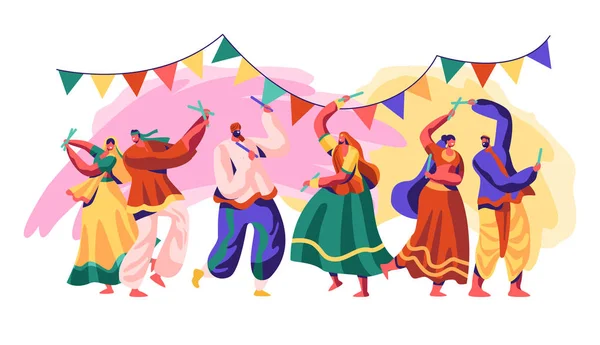 Festival de la India. Celebra el día de fiesta en el país. El estilo tradicional de la danza incluye la fusión refinada y experimental de las formas clásicas, populares y occidentales. Ilustración plana del vector de la historieta — Archivo Imágenes Vectoriales