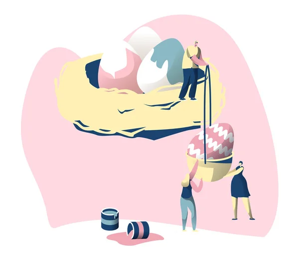 Mutlu Paskalya renkli Poster. Sevimli erkek ve kadın karakter yığın resim yumurta süslemek yuvaya yukarı. Geleneksel dini bahar tatil kavramı. Tasarım kart düz çizgi film vektör çizim — Stok Vektör