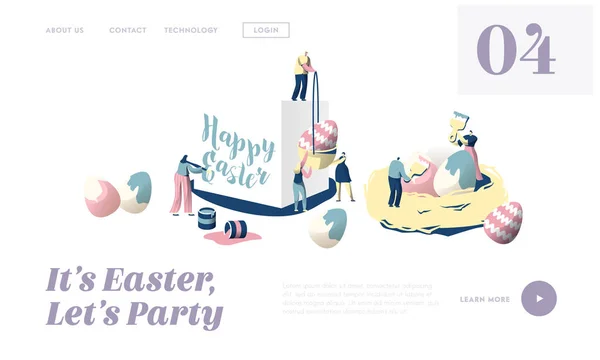 Préparation pour Joyeuse Pâques Traditionnelle Religieuse Printemps Vacances Concept Landing Page. Personnages mignons ensemble Décorez le site Web ou la page Web d'Ornement Egg. Illustration vectorielle de dessin animé plat — Image vectorielle