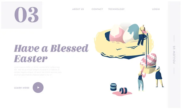 Feliz Páscoa Tradicional Religioso Primavera Férias Conceito Landing Page. Homem bonito e mulher personagem empilhar Decorar Ovo Pintura em Ninho site ou página da web. Desenhos animados plano Vector Ilustração — Vetor de Stock