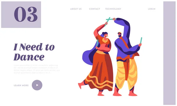 Dança Asiática no Festival Nacional na Índia Landing Page. Show de dança clássica. Homem dançarino realizando coreografia no site de desempenho cerimonial ou página da web. Desenhos animados plano Vector Ilustração — Vetor de Stock