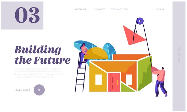 Team Builder Construction New Home Landing Page. Woman in Process Installation Roof House. Man to Lift Up Material. Project Building Future for Website or Web Page Flat Cartoon Vector Illustration — Stok Vektör