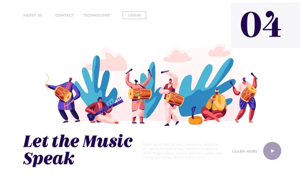 Festival de música na Índia Landing Page. Músico Tocando Instrumento Musical Álcool, Tambor, Flauta e Sitar na Cerimônia Instrumental Nacional na Ásia Site ou Página Web. Desenhos animados plano Vector Ilustração — Vetor de Stock