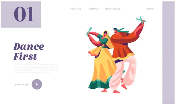 Bailarina india actuando en la Landing Page del Festival. Hombre y mujer bailan disfrazados en la India exótica. Lady in Sari Dancing on Asian Show Ceremony Website or Web Page (en inglés). Ilustración plana del vector de la historieta — Vector de stock