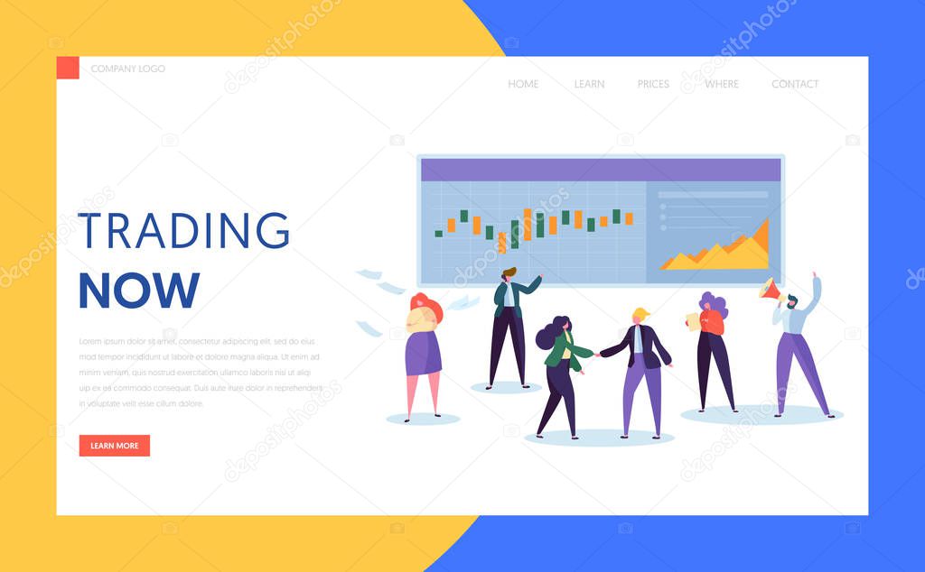 Trader Buying and Selling Stock, Bond or Commodity or Derivative and Mutual Fund Landing Page. Professional Working in a Financial Corporation Website or Web Page. Flat Cartoon Vector Illustration