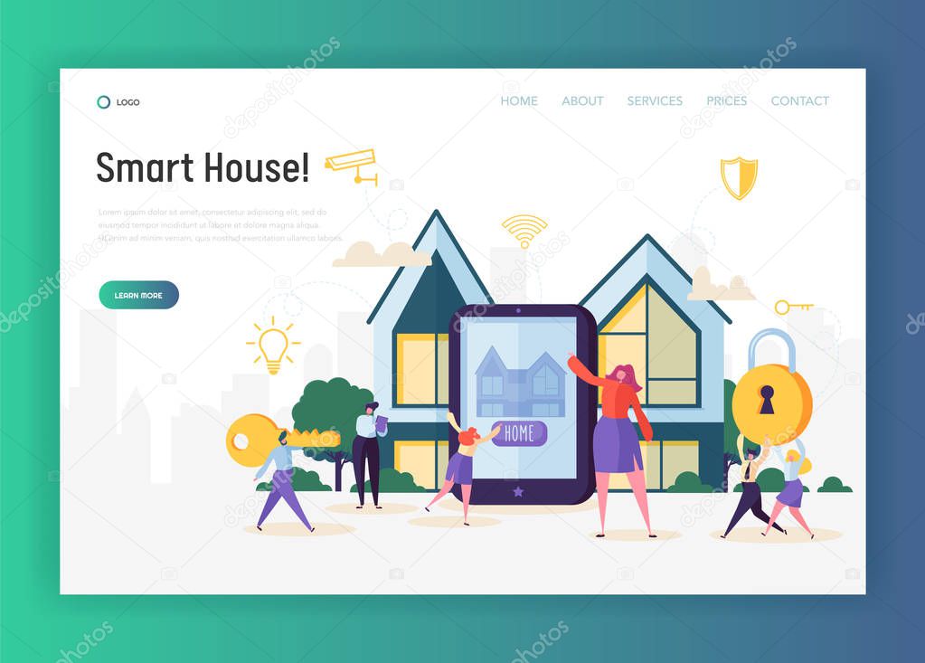 Home Automation System Landing Page. Smart House Control Lighting, Climate, Entertainment Systemand Appliance and Security. Access to Camera Website or Web Page. Flat Cartoon Vector Illustration