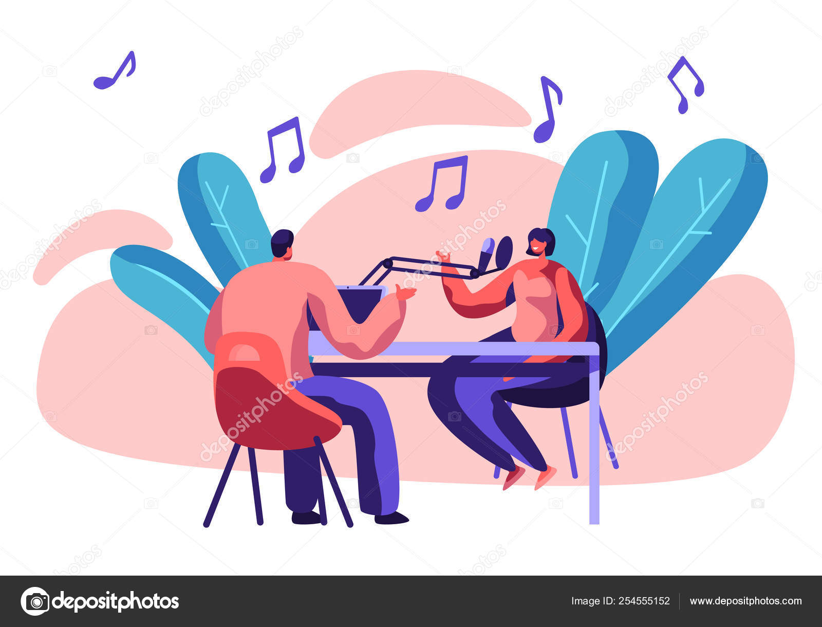 Radio Station Presenter with Microphone in Studio. Dj Jockey and Woman Host  Play Music. Entertainment Broadcast for People Communication. Sound Record  Horizontal Flat Cartoon Vector Illustration Stock Vector Image by  ©vectorlab #254555152