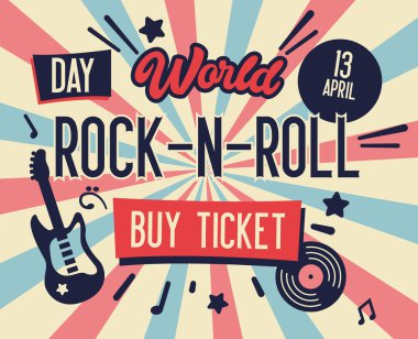 Rock Festival Poster. World Rock-n-Roll Day Banner with Guitar for Flyer, Brochure, Cover. Live Music Concert Design Template. Vector flat illustration clipart