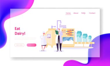Süt fabrikası açılış sayfası işleniyor. Üretim tarım hayvancılık işletme verimliliğini. Karakter işleme ve perakende satış Web sitesi veya Web sayfası. Düz çizgi film vektör çizim