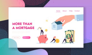 Gayrimenkul ipotek açılış sayfası borç verme. Karakter yükseltmek fonları satın House veya özellik varlık rehin Web sitesi veya Web sayfası üzerinde bir haciz koyarak süre amaç için. Düz çizgi film vektör çizim