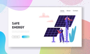 Güneş panelleri ve mühendis karakter açılış sayfası şablonu ile alternatif temiz enerji kavramı. Yenilenebilir güneş güç kaynakları web sitesi, Web sayfa başlığı. Vektör düz çizim