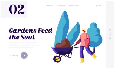 Bahçıvan karakter iş açılış sayfası. Bahçedeki ağaç ve bitki araçları ile büyüyen tek tip çalışan adam. Organik bahçecilik kavramı Web sitesi, Web sayfa başlığı. Vektör düz çizim