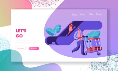 Gezgin yolcu havaalanında sayfa şablonu iniş kalkış için bekliyor. Bagaj Havaalanı terminali ve uçan uçak Web sitesi Banner, Web sayfası, insanlar karakterlerle. Vektör düz çizim