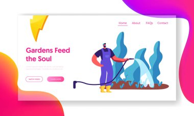 Erkek bahçıvan Bahçe açılış sayfası bitki sulama. Adam hortum su ağaç ve çalı bahçesinde tutan çizmeli. Kişi Bahçe doğa Web sitesi veya Web sayfası. Düz çizgi film vektör çizim