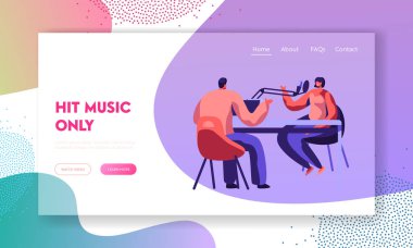 Radyo Studio sunucusu açılış sayfası mikrofon ile. DJ jokey ve kadın ana bilgisayar oynamak müzik. Eğlence insanlar iletişim Web sitesi veya Web sayfası için yayın. Düz çizgi film vektör çizim