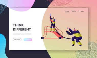 Havaalanı açılış sayfası takım çalışan hizmet. El feneri olan adam. Süpürge yüksek merdiven çalışma. Temizlik hizmeti çalışan Web sitesi veya Web sayfası. Düz çizgi film vektör çizim