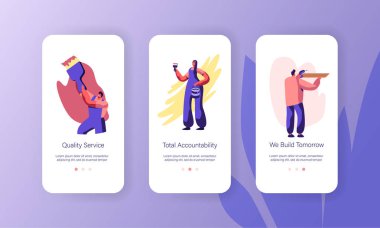 Kişi yenileme ev mobil App sayfasindan Onboard ekran kurulum yapma. Kadın resim duvar fırçası ile. Adam ahşap raf sondaj. Adam boya Web sitesi veya Web sayfası. Düz çizgi film vektör çizim