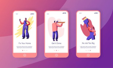 Onarım veya tadilat ev mobil App sayfa Onboard ekran kurulum yapma insanların. Kadın resim duvar. Adam matkap raf. Alt boya fırça Web sitesi veya Web sayfası. Düz çizgi film vektör çizim