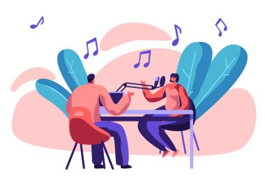 Radyo istasyonu sunucusu Studio olarak mikrofon ile. DJ jokey ve kadın ana bilgisayar oyun müzik. Eğlence insanlar iletişim için yayın. Ses kayıt yatay düz çizgi film vektör çizim