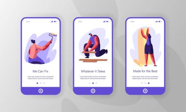 Kişi yeni yenileme mobil App sayfa Onboard ekran kurulum yapma. Kadın boya duvar merdane ve yapıştırma duvar kağıdı ile. Yalancı parke zemin Kurulu Web sitesi veya Web sayfa adamım. Düz çizgi film vektör çizim
