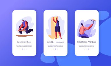 İç yenileme dekor mobil App sayfa Onboard ekran kurulum. Tamirci ahşap parke yalan. Kadın duvar kağıdı yapıştırma. Kişi boya duvar Web sitesi veya Web sayfası. Düz çizgi film vektör çizim