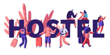 Turist Banner için pansiyonuna hoş geldiniz. Karakter ziyaret City için varış. Fiyat, ucuz bir yer oturma veya gece için indirin. Bir gün için alternatif ev. Oda dinlenmek için. Düz çizgi film vektör çizim