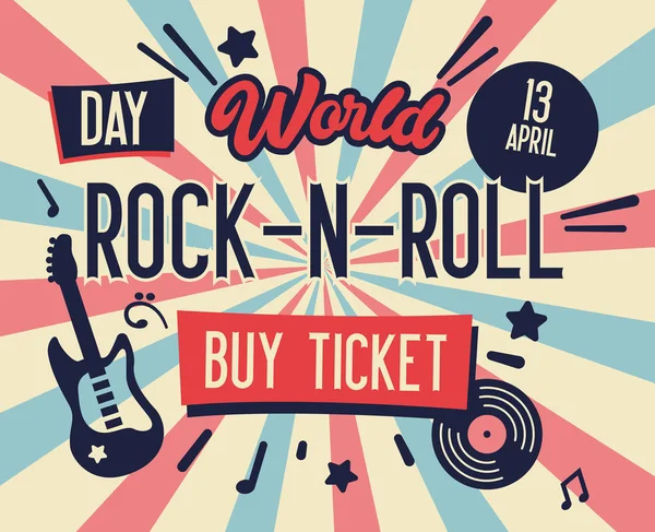 ロック祭のポスター。チラシ、パンフレット、ギターとロック-n はロールの日バナーを世界をカバーします。音楽コンサート デザイン テンプレートを住んでいます。ベクトル フラット図 — ストックベクタ