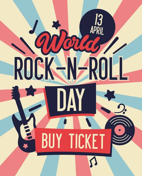 Rock and Roll παγκόσμια ημέρα τυπογραφία Banner. Αγοράστε εισιτήριο για συναυλία στο χαμηλότερο ποσοστό. Ζωντανή μουσική με ηλεκτρική κιθάρα και τον τόπο κείμενο στο πίσω φόντο. Επίπεδη καρτούν εικονογράφηση φορέα — Διανυσματικό Αρχείο